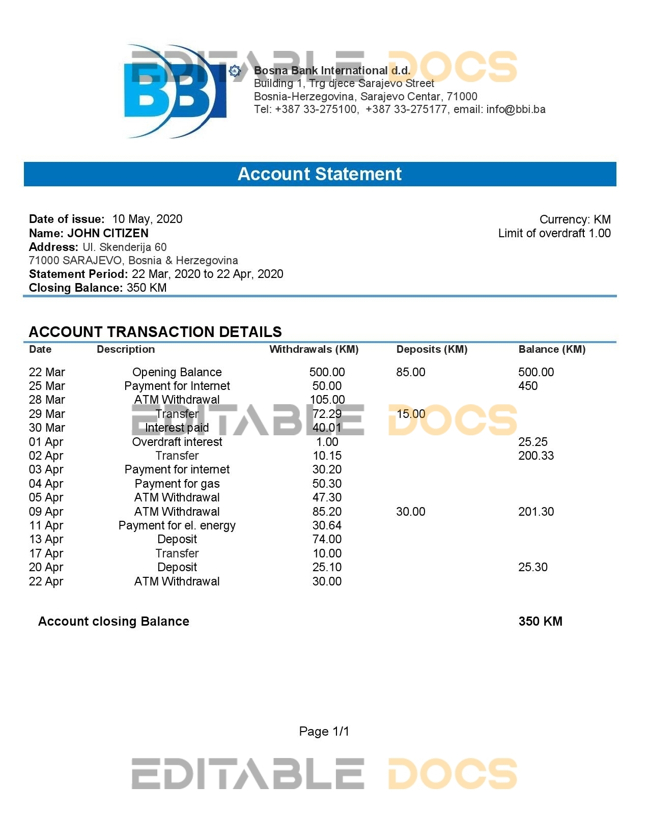 Bosnia and Herzegovina Bosna Bank International proof of address bank statement template in Word and PDF format