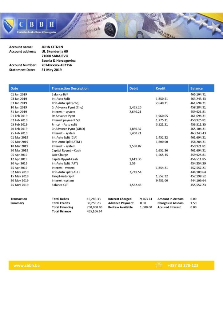 Bosnia and Herzegovina Central Bank statement template, Word and PDF format (.doc .pdf)