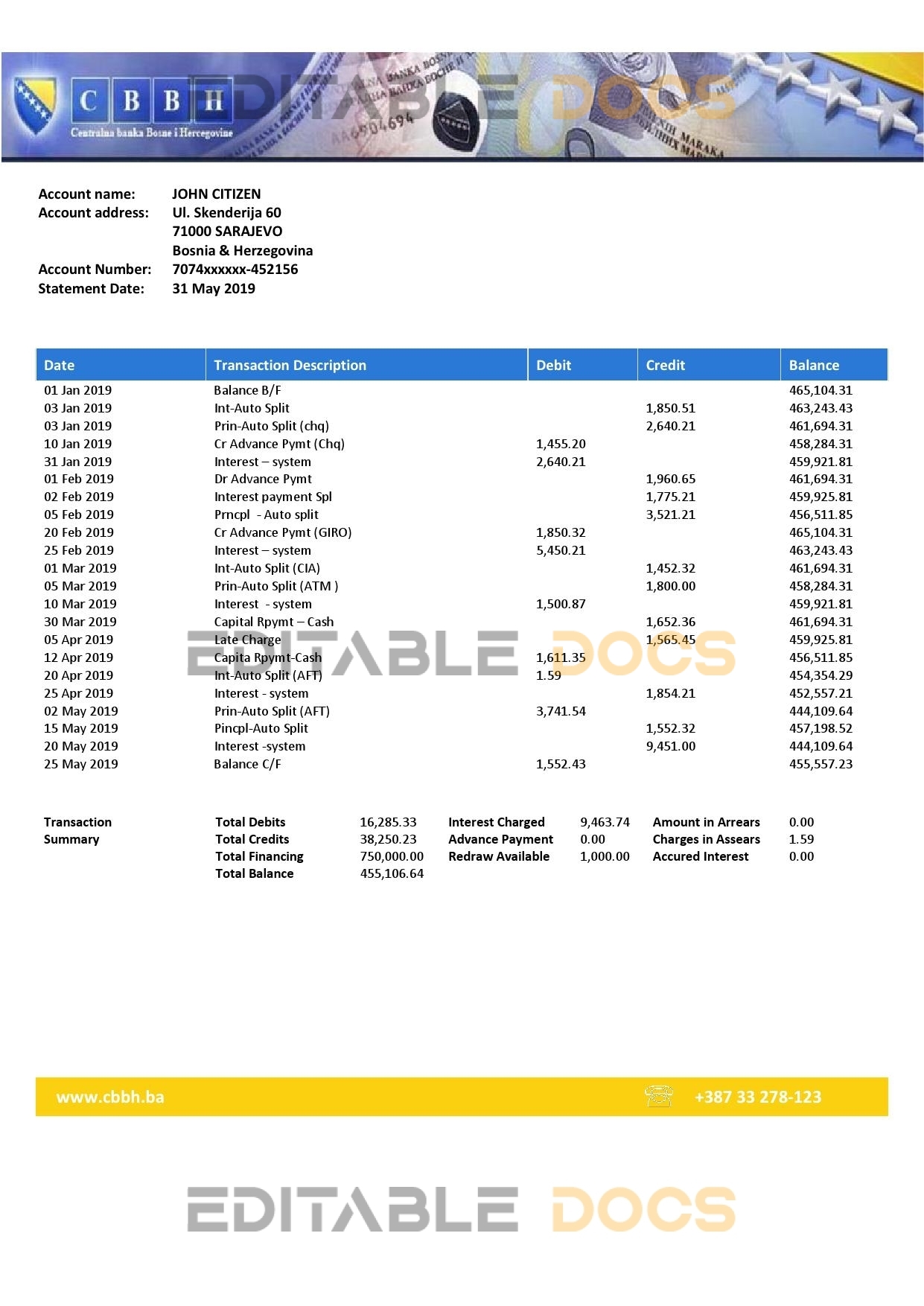 Bosnia and Herzegovina Central Bank statement template, Word and PDF format (.doc .pdf)