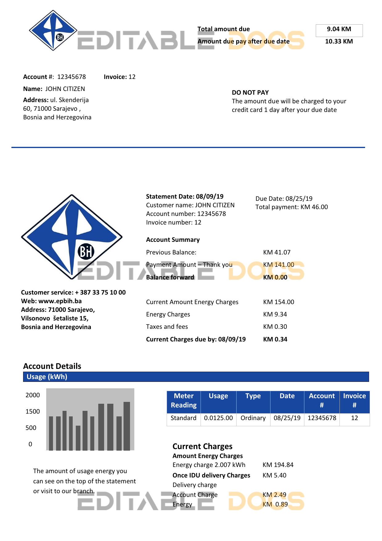 Bosnia and Herzegovina Elektroprivreda BiH electricity utility bill template in Word and PDF