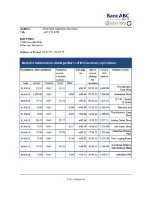 Botswana Bank ABC bank statement template in Excel and PDF format