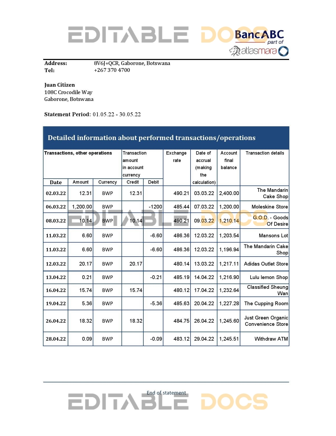 Botswana Bank ABC bank statement template in Excel and PDF format