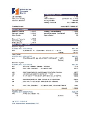 Botswana Savings bank statement template in Excel and PDF format
