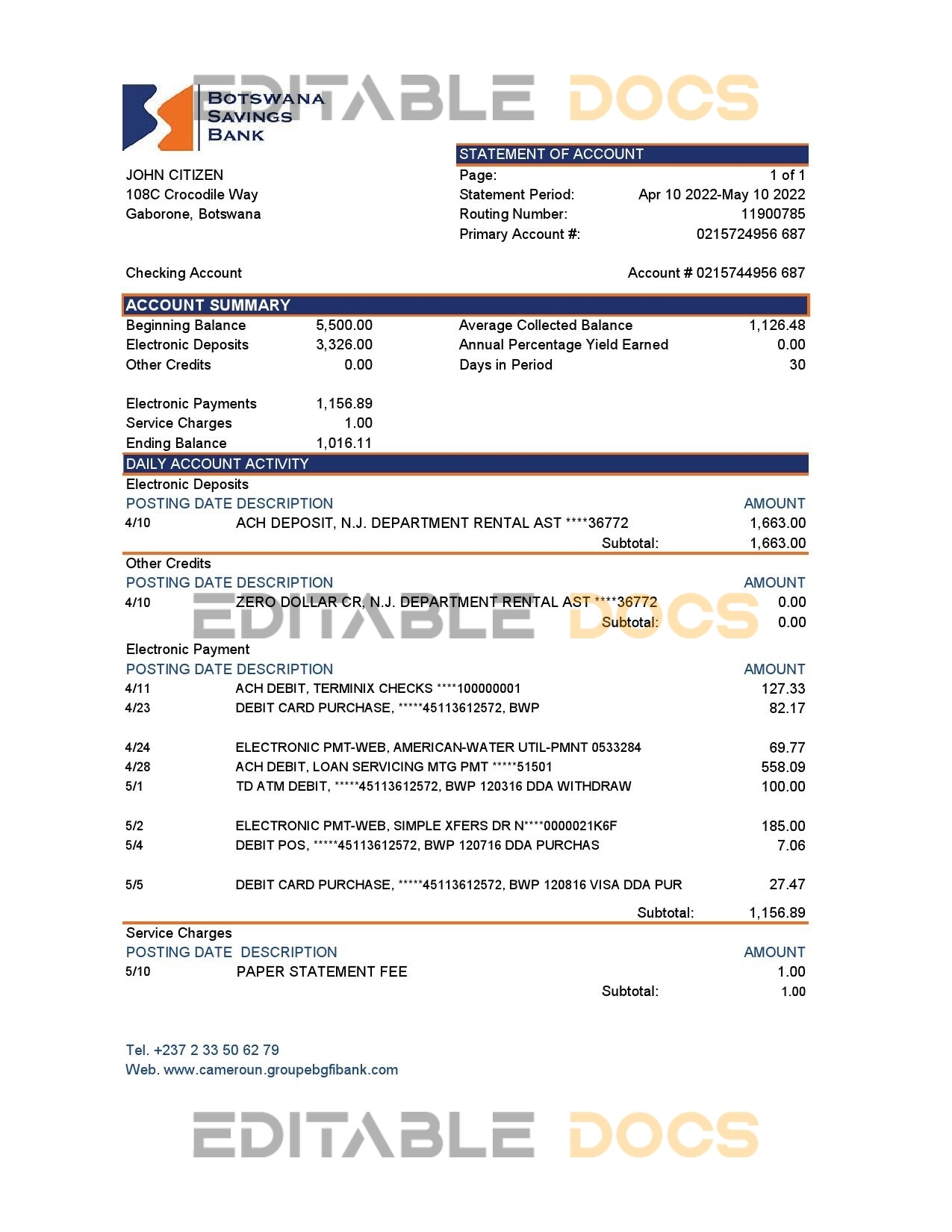 Botswana Savings bank statement template in Excel and PDF format