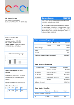 Brazil ENEL electricity utility bill template in Word and PDF format