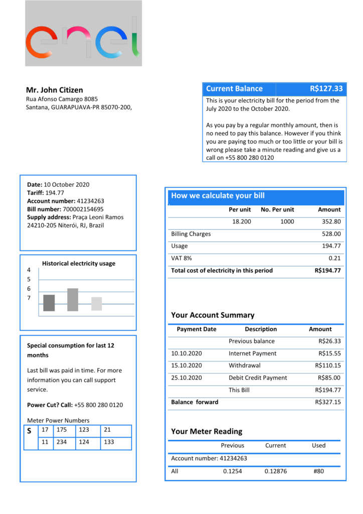 Brazil ENEL electricity utility bill template in Word and PDF format