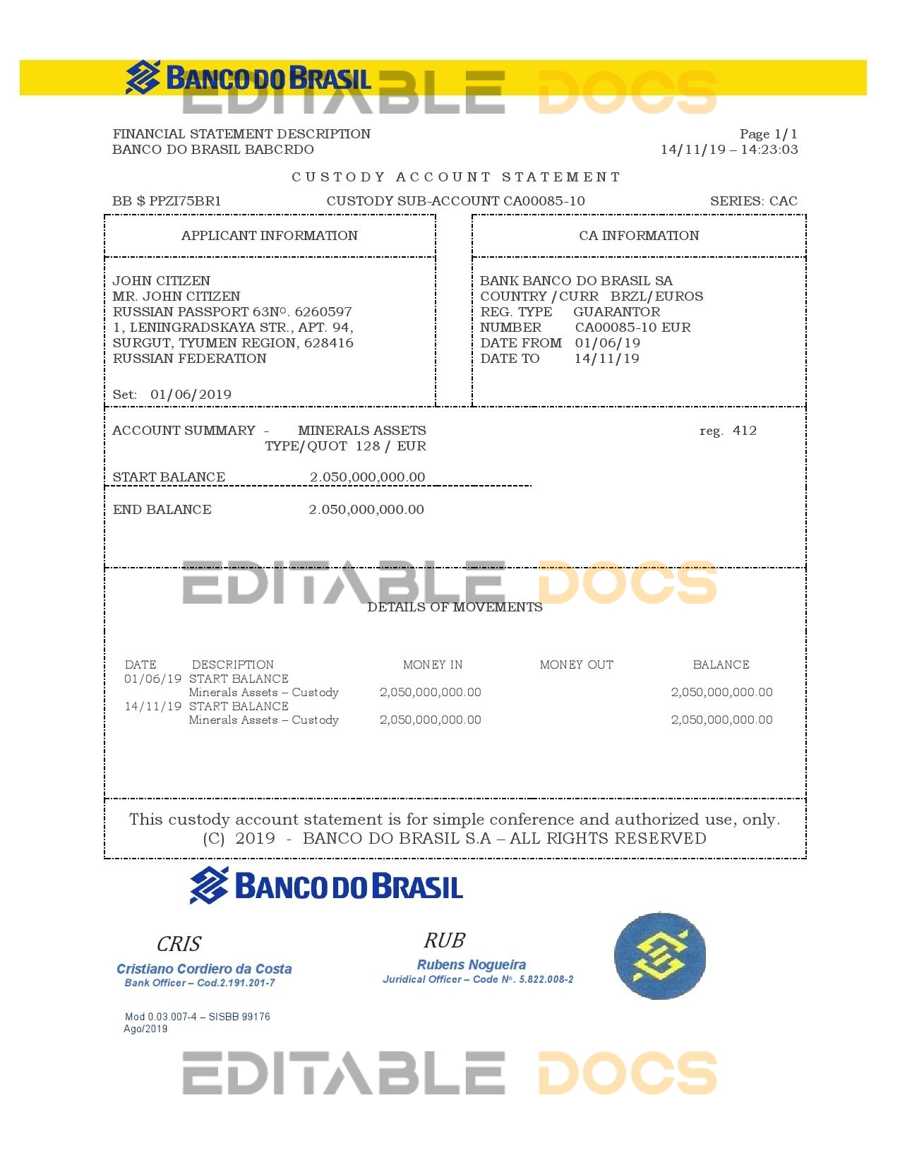 Brazil Banco do Brasil bank statement template in Word and PDF format