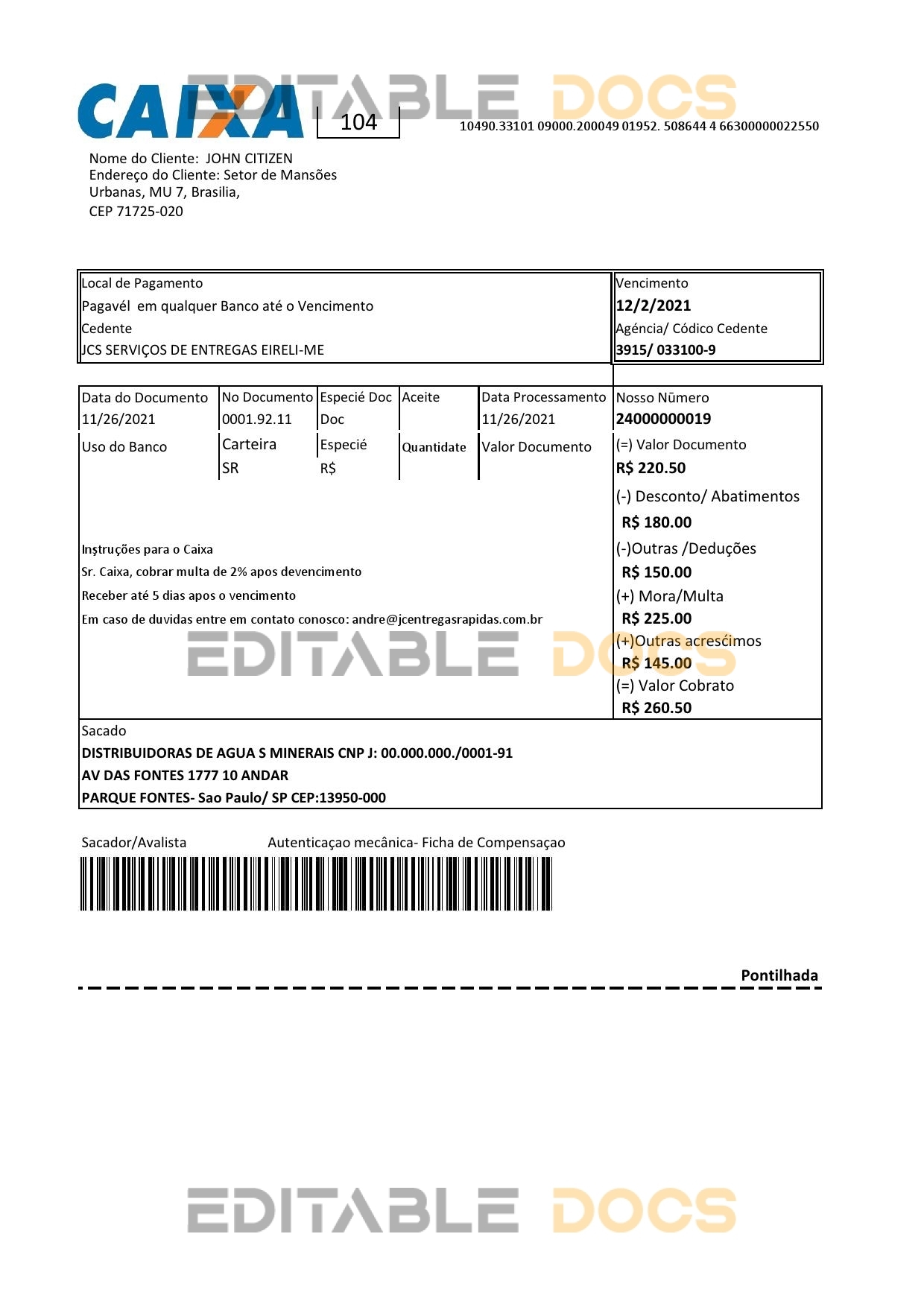 Brazil Caixa bank statement easy to fill template in Excel and PDF format