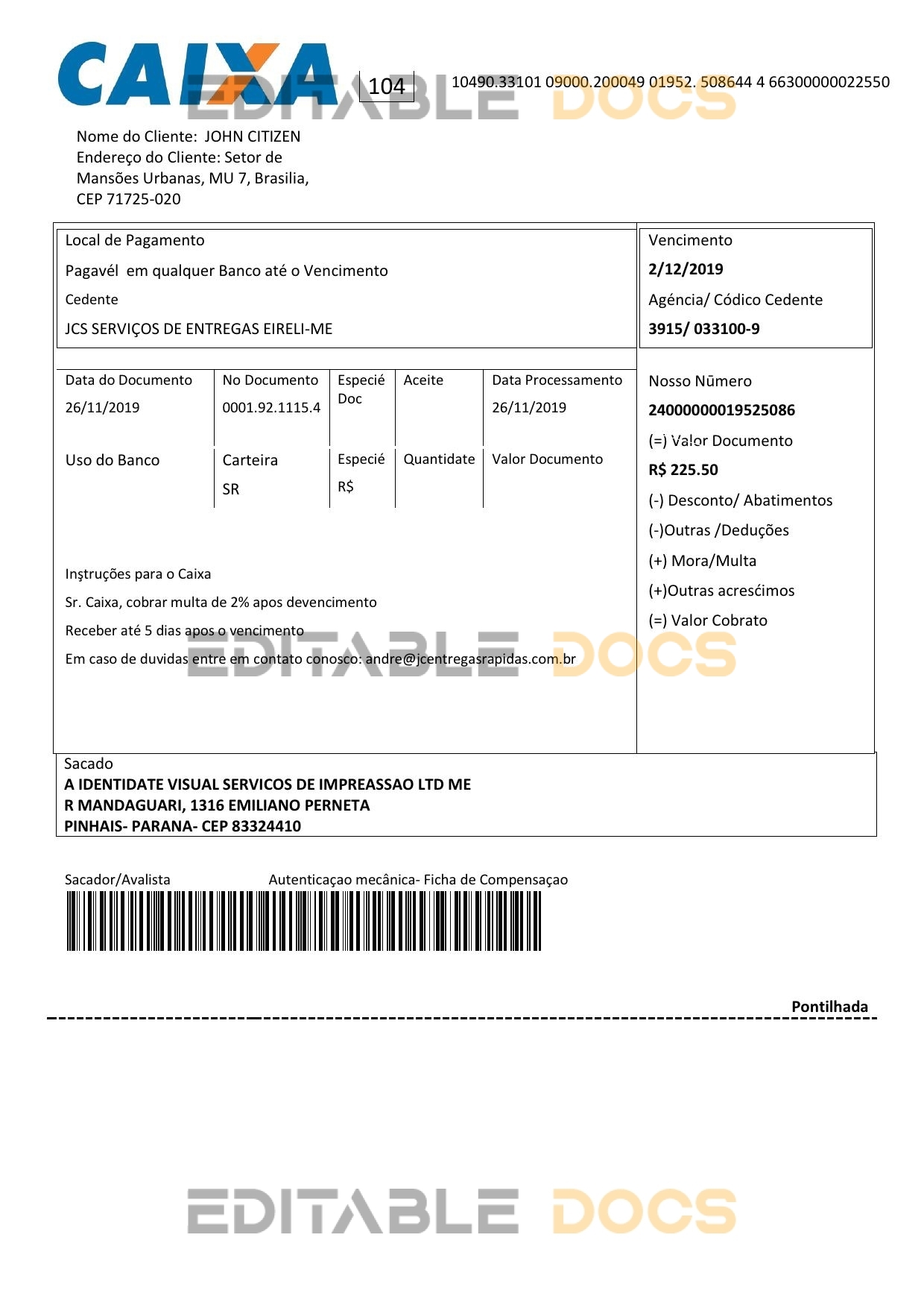 Brazil Caixa bank statement easy to fill template in Word and PDF format