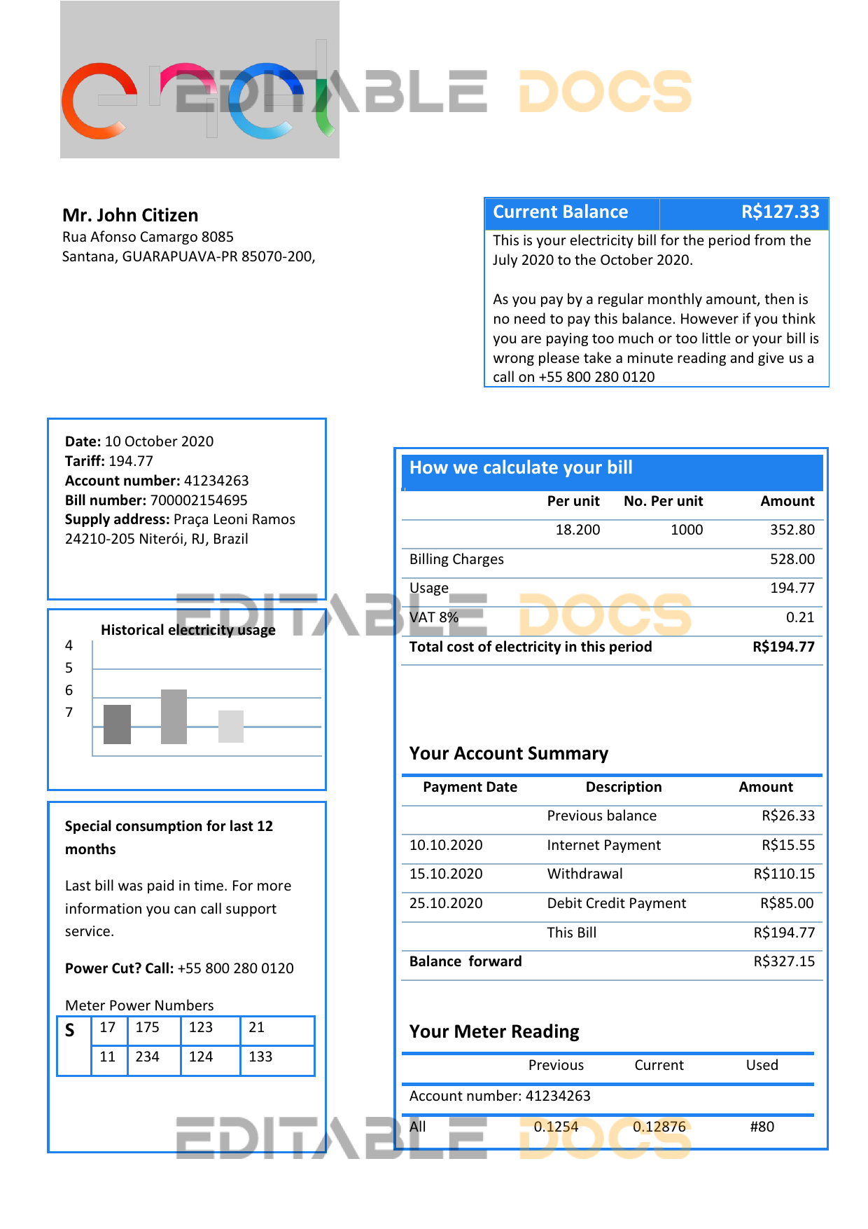 Brazil ENEL electricity utility bill template in Word and PDF format