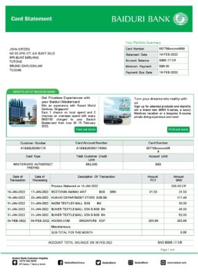 Brunei Baiduri bank card statement, Word and PDF template, 4 pages