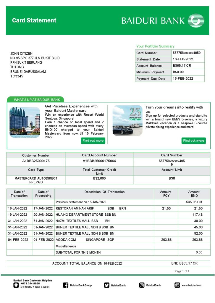 Brunei Baiduri bank card statement, Word and PDF template, 4 pages 1