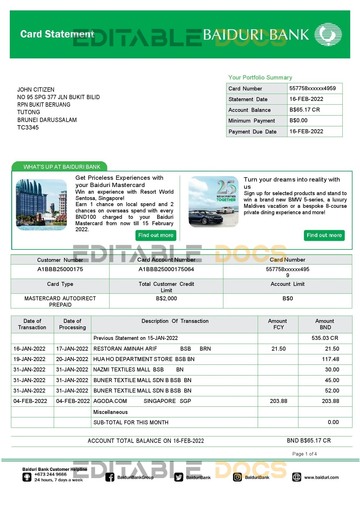 Brunei Baiduri bank card statement, Word and PDF template, 4 pages