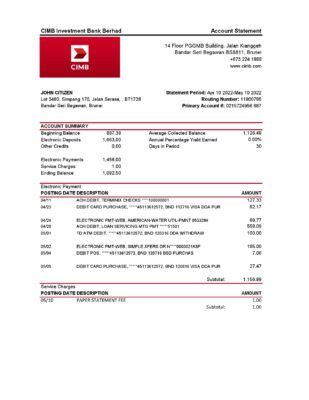Brunei CIMB bank statement template in Excel and PDF format (autosum)