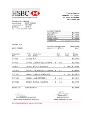 Brunei HSBC bank statement Excel and PDF template, fully editable (AutoSum)