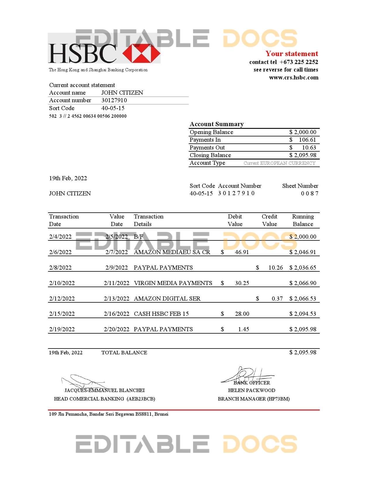 Brunei HSBC bank statement Excel and PDF template, fully editable (AutoSum)