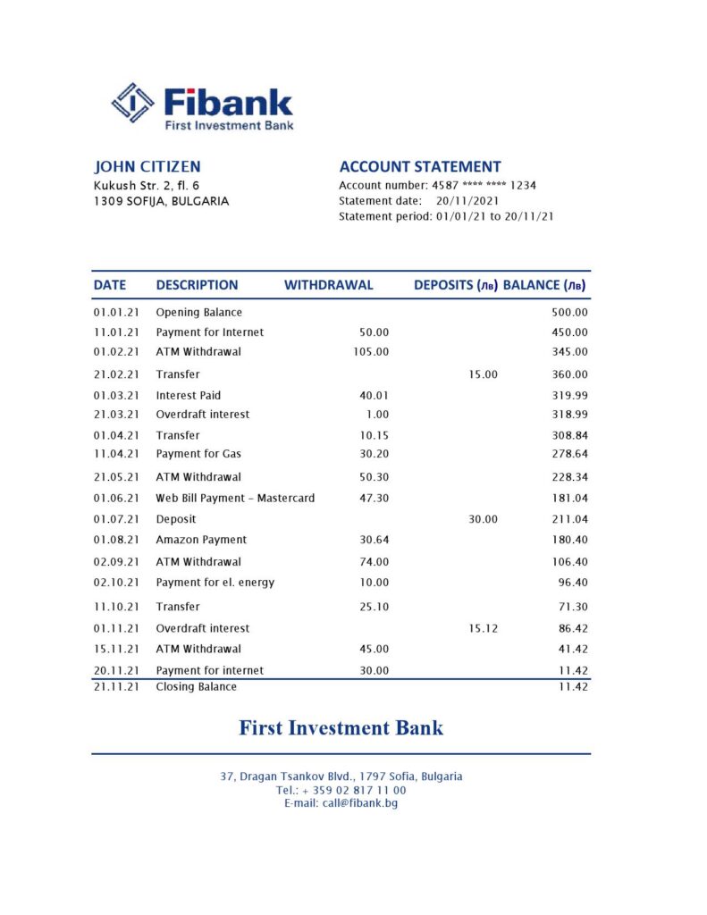Bulgaria Fibank bank statement easy to fill template in Excel and PDF format (AutoSum)