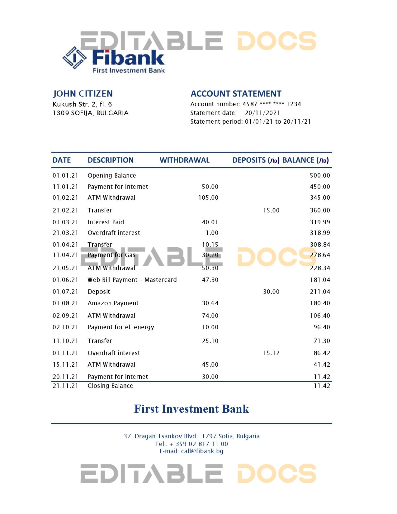 Bulgaria Fibank bank statement easy to fill template in Excel and PDF format (AutoSum)