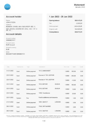 Bulgaria iCard statement, Word and PDF template, 2 pages
