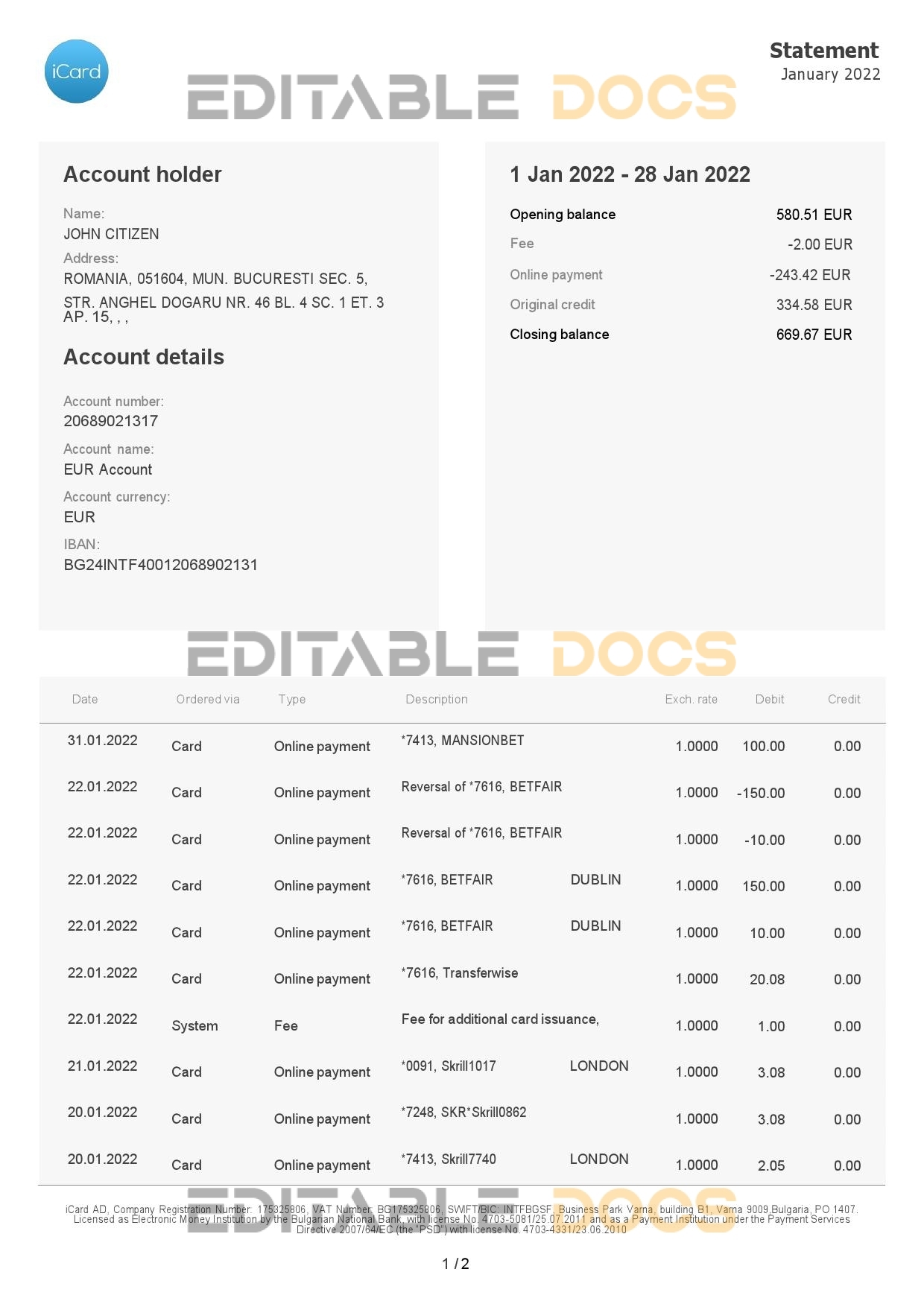 Bulgaria iCard statement, Word and PDF template, 2 pages
