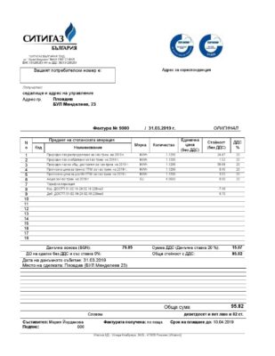 Bulgary Ситигаз gas utility bill template in Word and PDF format