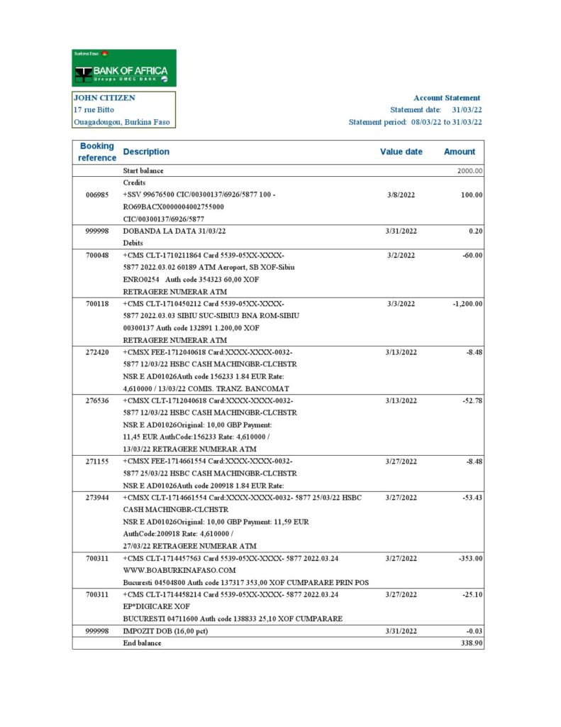 Burkina Faso Bank of Africa bank statement Excel and PDF template, fully editable (AutoSum)