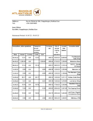 Burkina Faso Banque Atlantique bank statement Excel and PDF template (AutoSum)