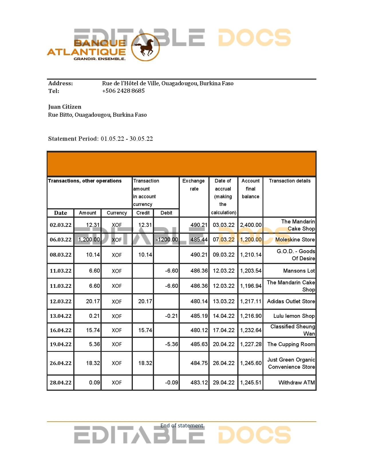 Burkina Faso Banque Atlantique bank statement Excel and PDF template (AutoSum)