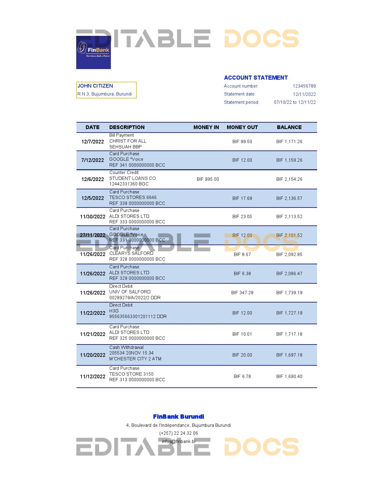 Burundi Finbank bank statement Excel and PDF template, fully editable (AutoSum)