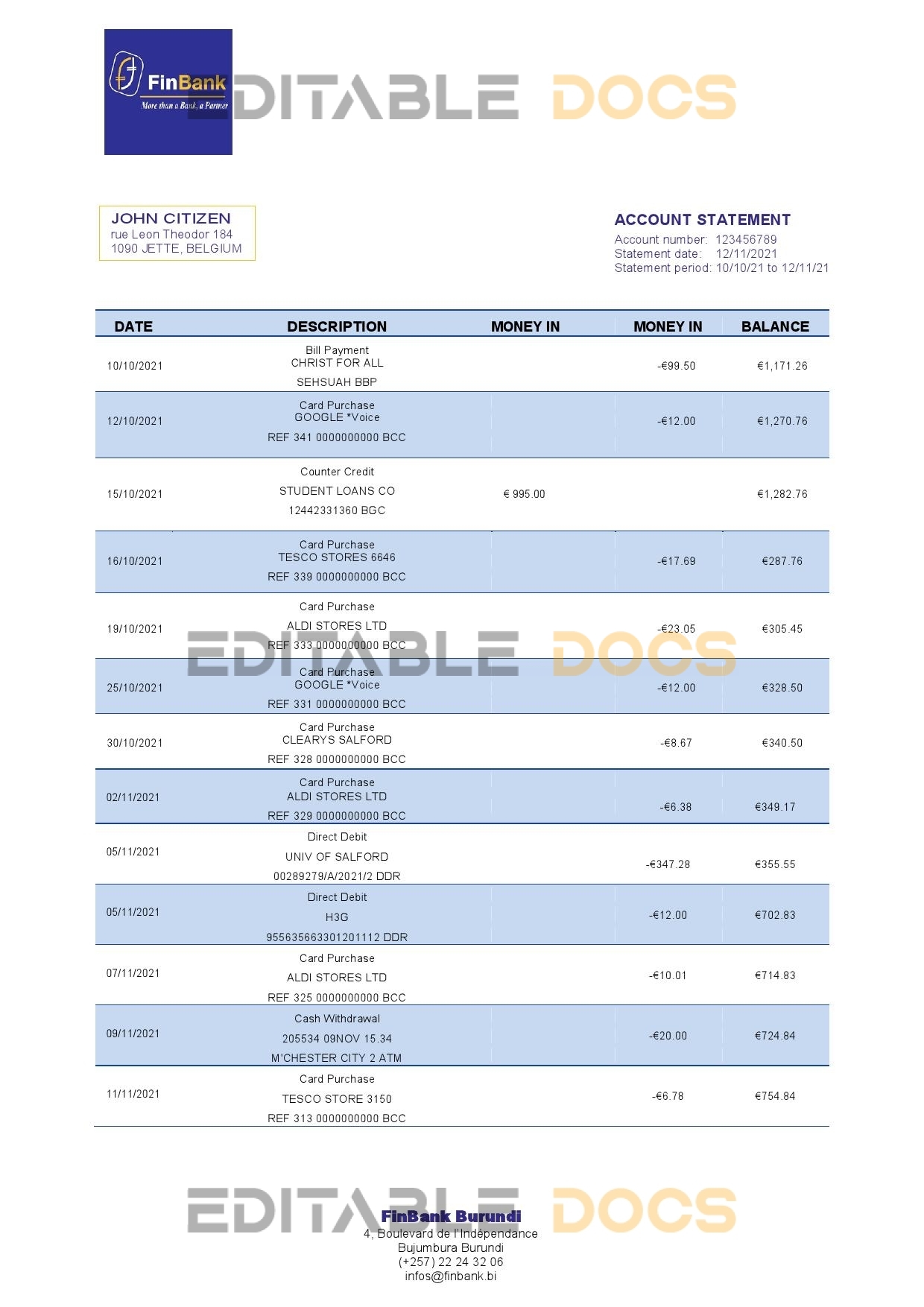 Burundi Finbank statement Word and PDF template