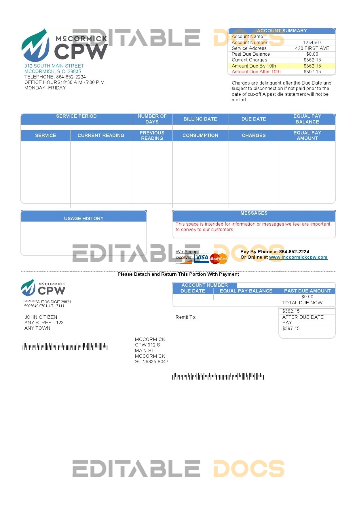 USA CPW utility bill template in Word and PDF format