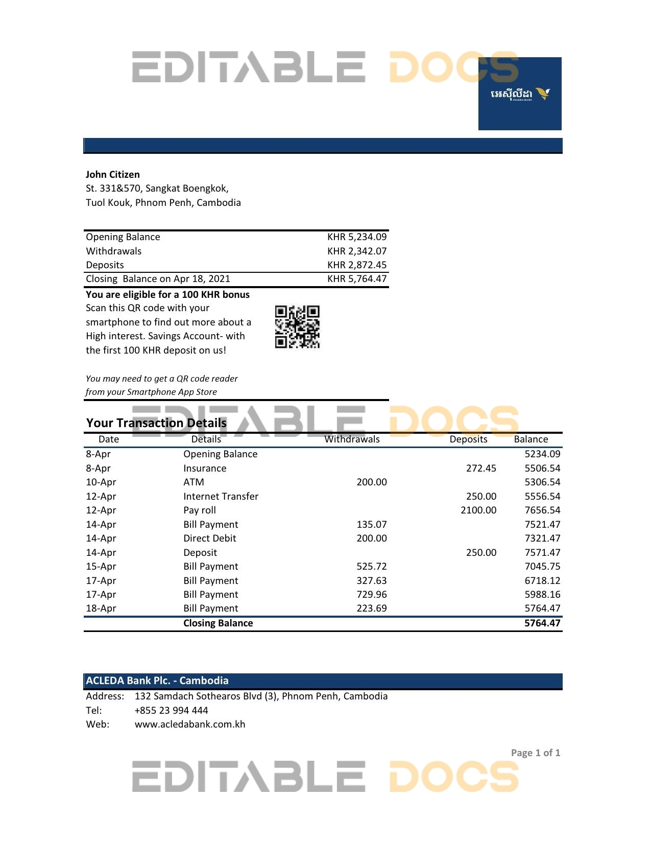 Cambodia ACLEDA bank statement Excel and PDF template (AutoSum)