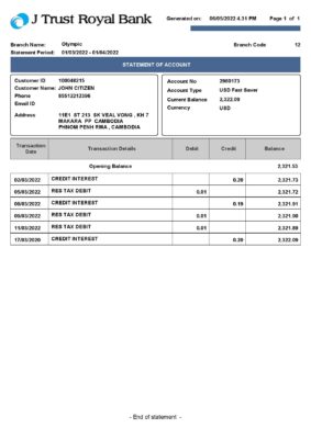 Cambodia J Trust Royal bank statement Word and PDF template