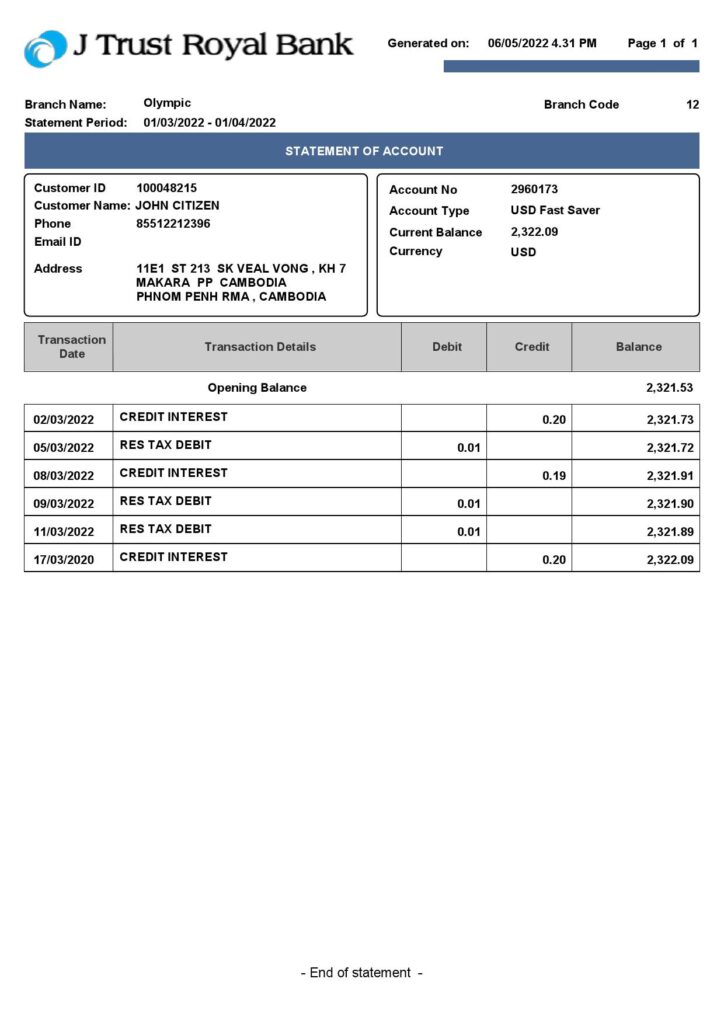 Cambodia J Trust Royal bank statement Word and PDF template