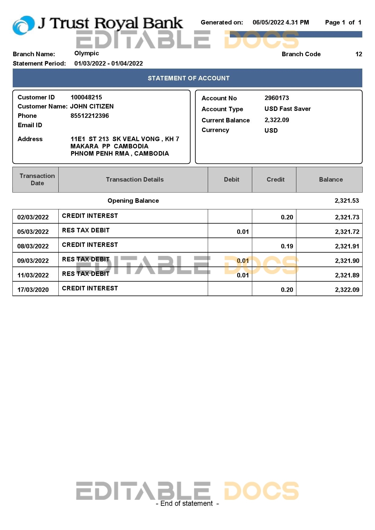 Cambodia J Trust Royal bank statement Word and PDF template