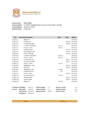 Cambodia Union Commercial bank statement Excel and PDF template, fully editable (AutoSum)