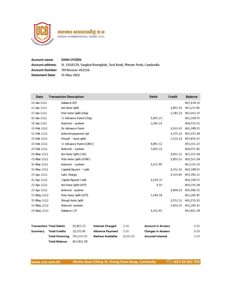 Cambodia Union Commercial bank statement Excel and PDF template, fully editable (AutoSum)