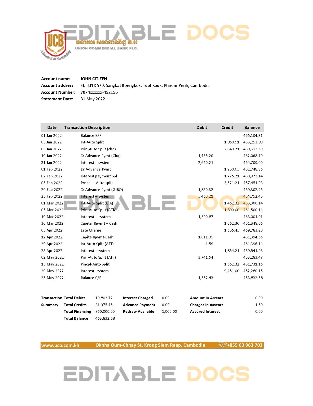 Cambodia Union Commercial bank statement Excel and PDF template, fully editable (AutoSum)