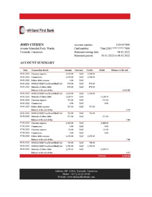 Cameroon Afriland First bank statement Excel and PDF template (AutoSum)