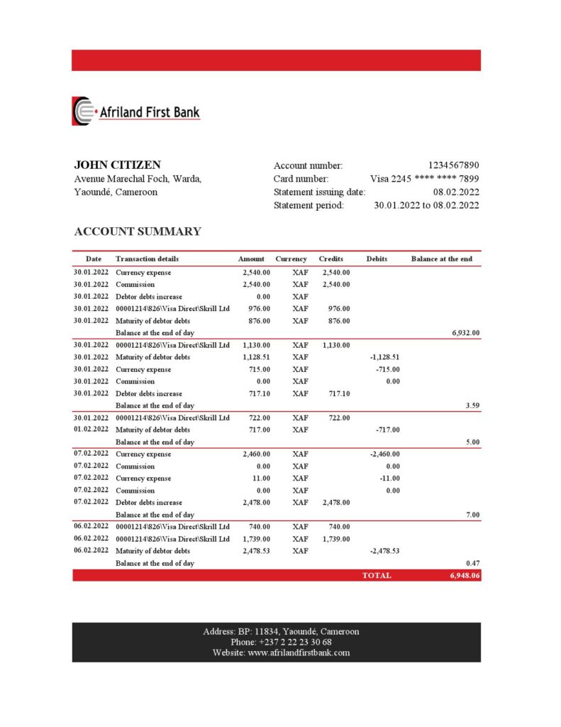 Cameroon Afriland First bank statement Excel and PDF template (AutoSum)