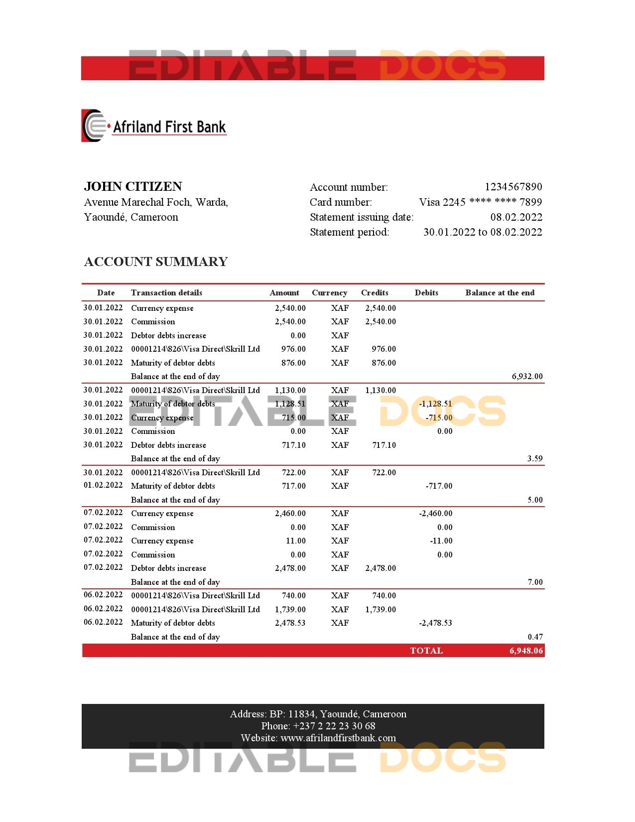 Cameroon Afriland First bank statement Excel and PDF template (AutoSum)