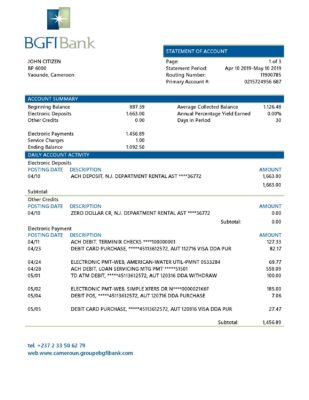 Cameroon BGFI Bank statement template in Word and PDF format