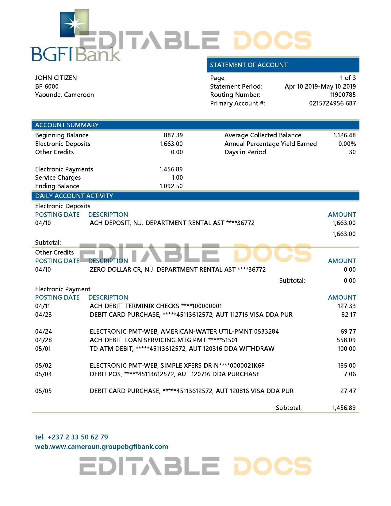Cameroon BGFI Bank statement template in Word and PDF format