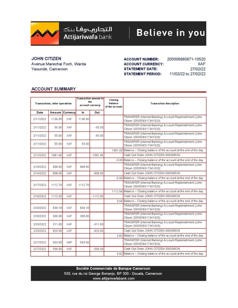 Cameroon SCB bank statement Excel and PDF template, fully editable (AutoSum)