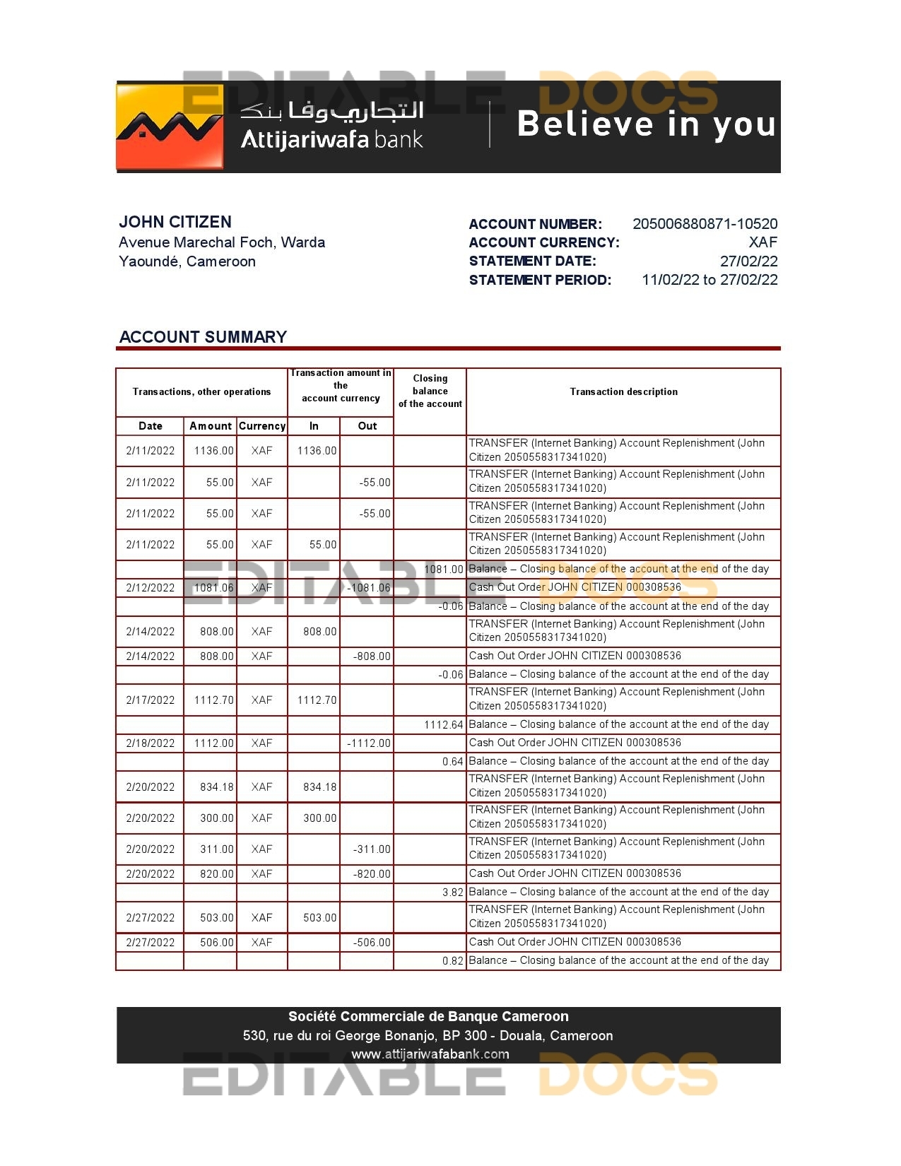 Cameroon SCB bank statement Excel and PDF template, fully editable (AutoSum)