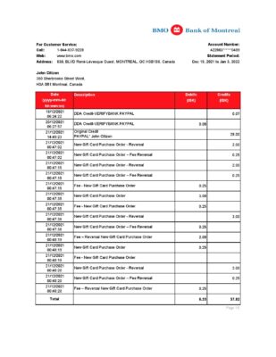 Canada Bank of Montreal bank statement Excel and PDF template (AutoSum)
