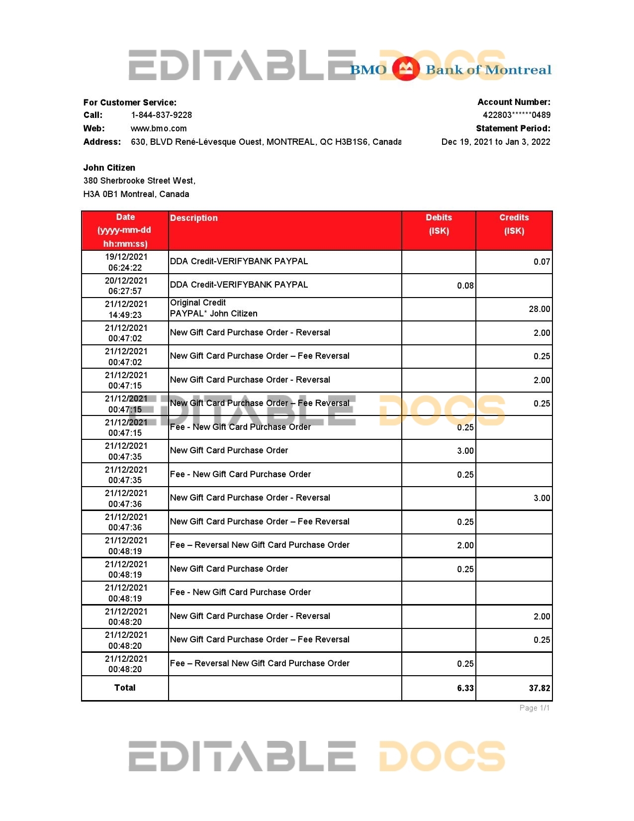 Canada Bank of Montreal bank statement Excel and PDF template (AutoSum)