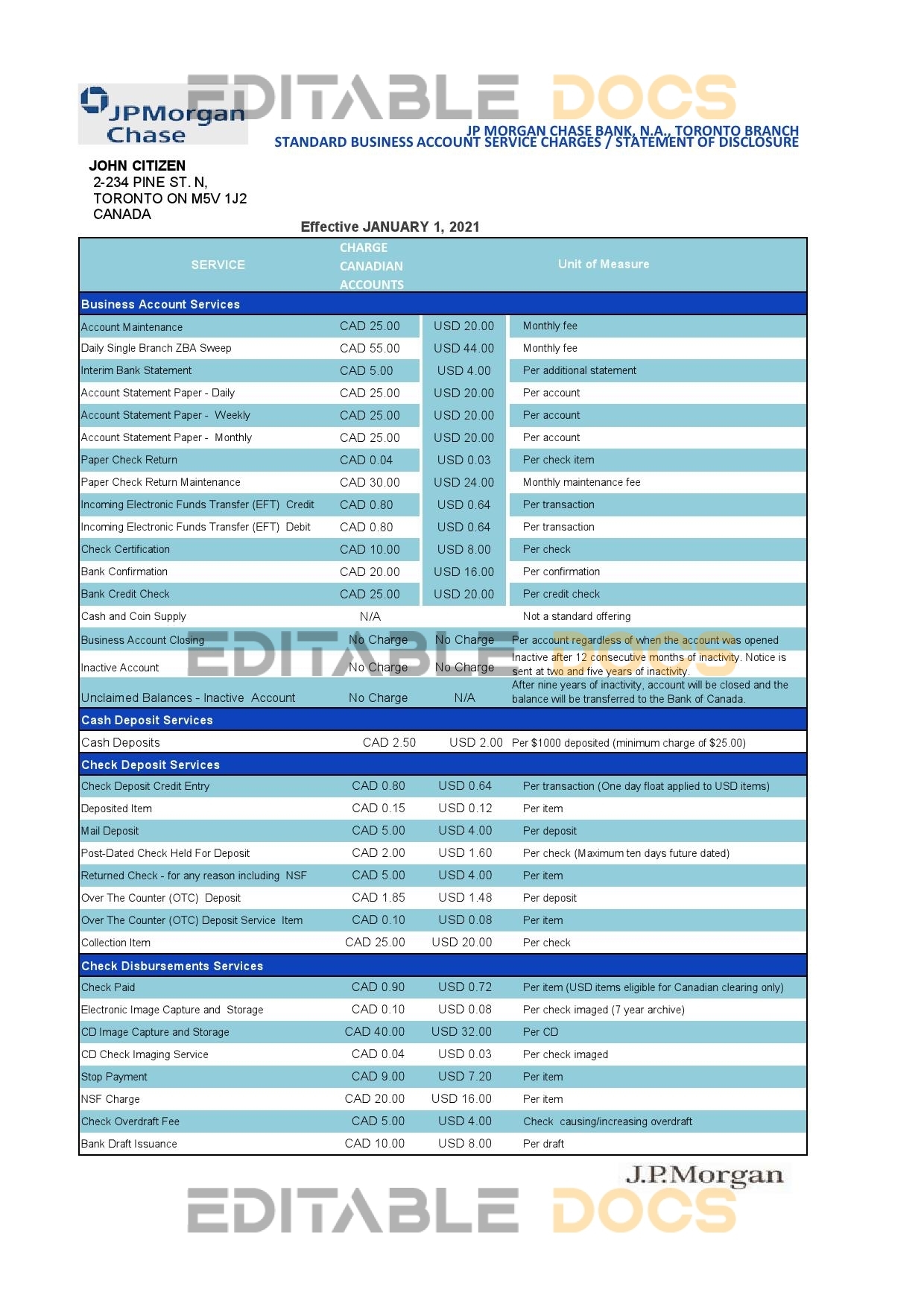 Canada JP Morgan Chase proof of address bank statement template in Excel and PDF format (AutoSum)