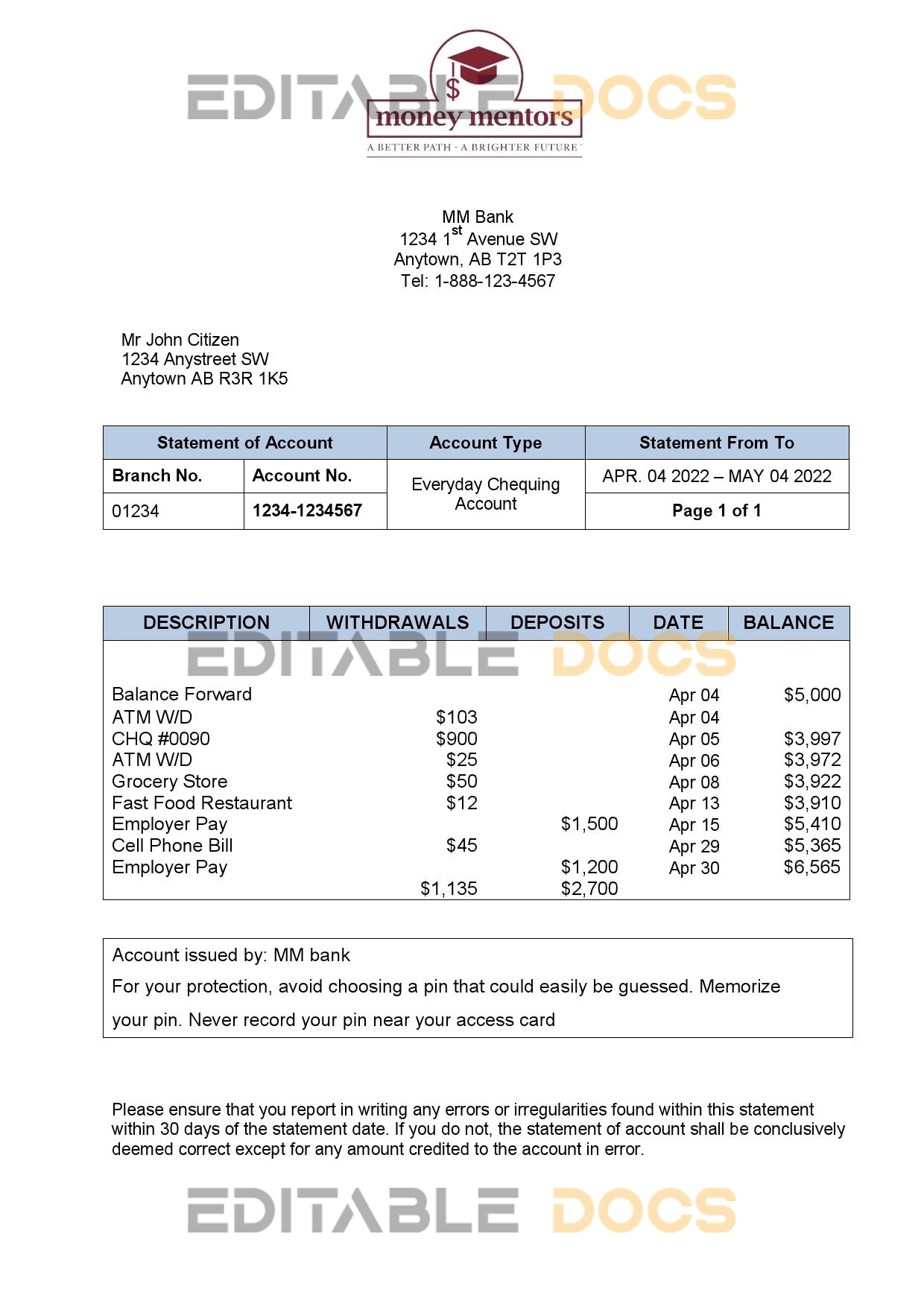 Canada Money Mentors (MM) bank statement Word and PDF template