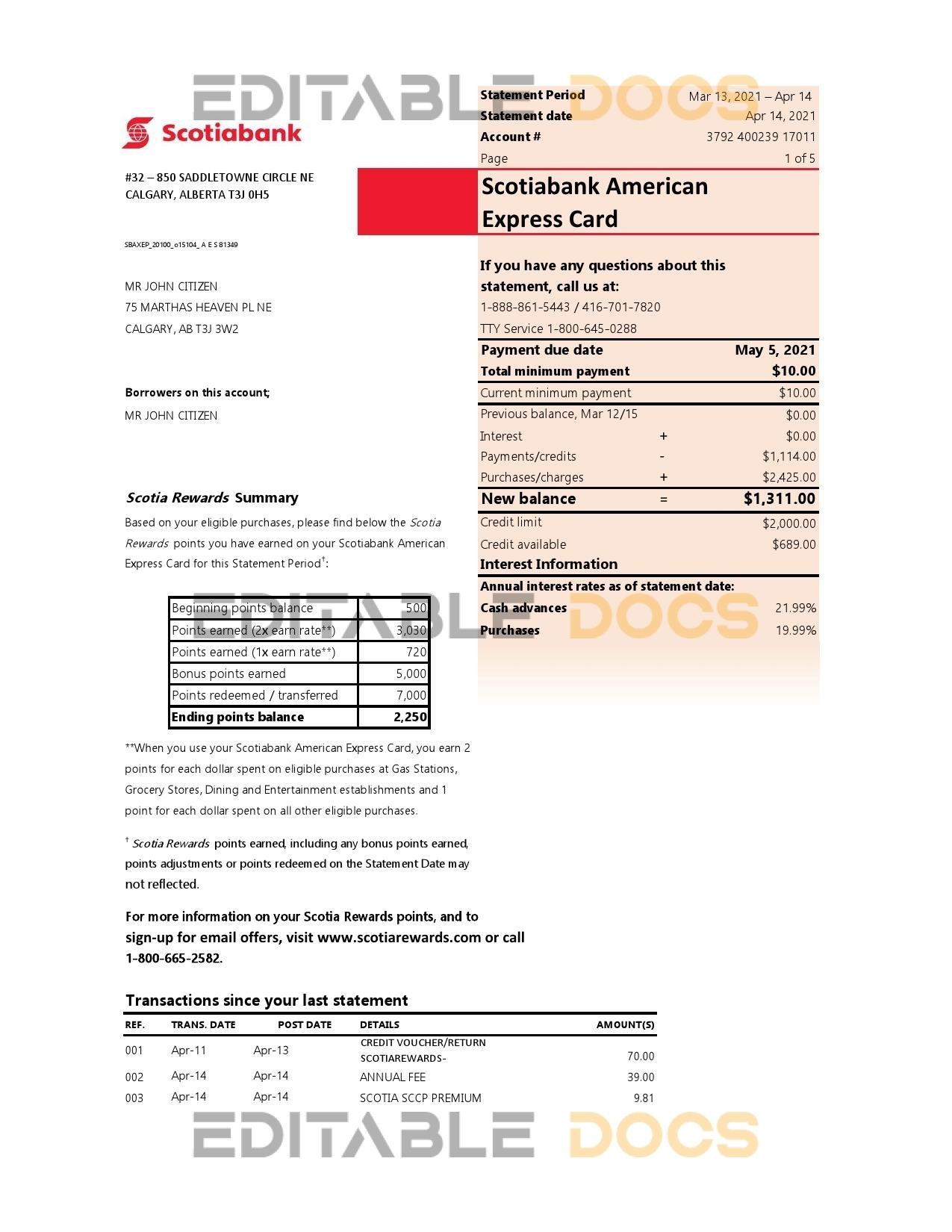 Canada Scotiabank bank statement easy to fill template in Excel and PDF format (AutoSum)